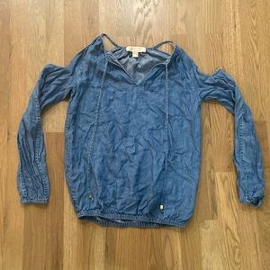 Micheal Micheal Kors Women’s Blue Lyocell Tencel V-Neck Long Sleeve Top Shirt